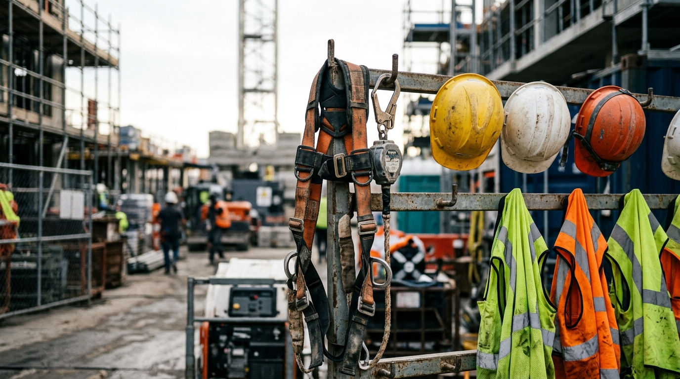 Arnés de seguridad y equipo de protección colgados en el acceso a una obra de construcción