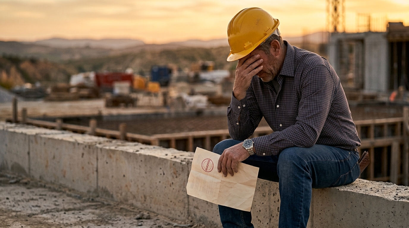 Trabajador de la construcción frustrado ante un impago, reflejo de la morosidad en el sector