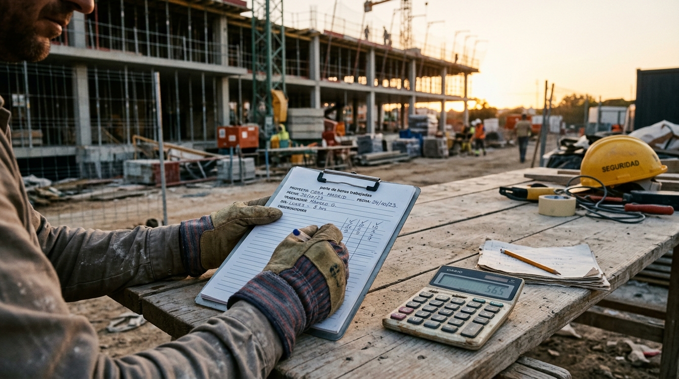 Trabajador de la construcción revisando el parte de horas en obra, en referencia al convenio colectivo de la construcción