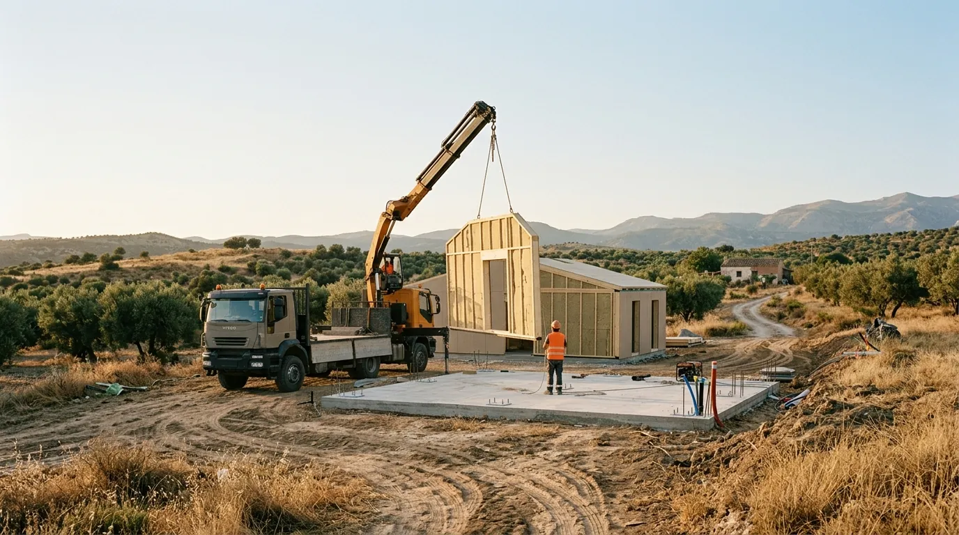 Camión grúa descargando una casa prefabricada en una parcela