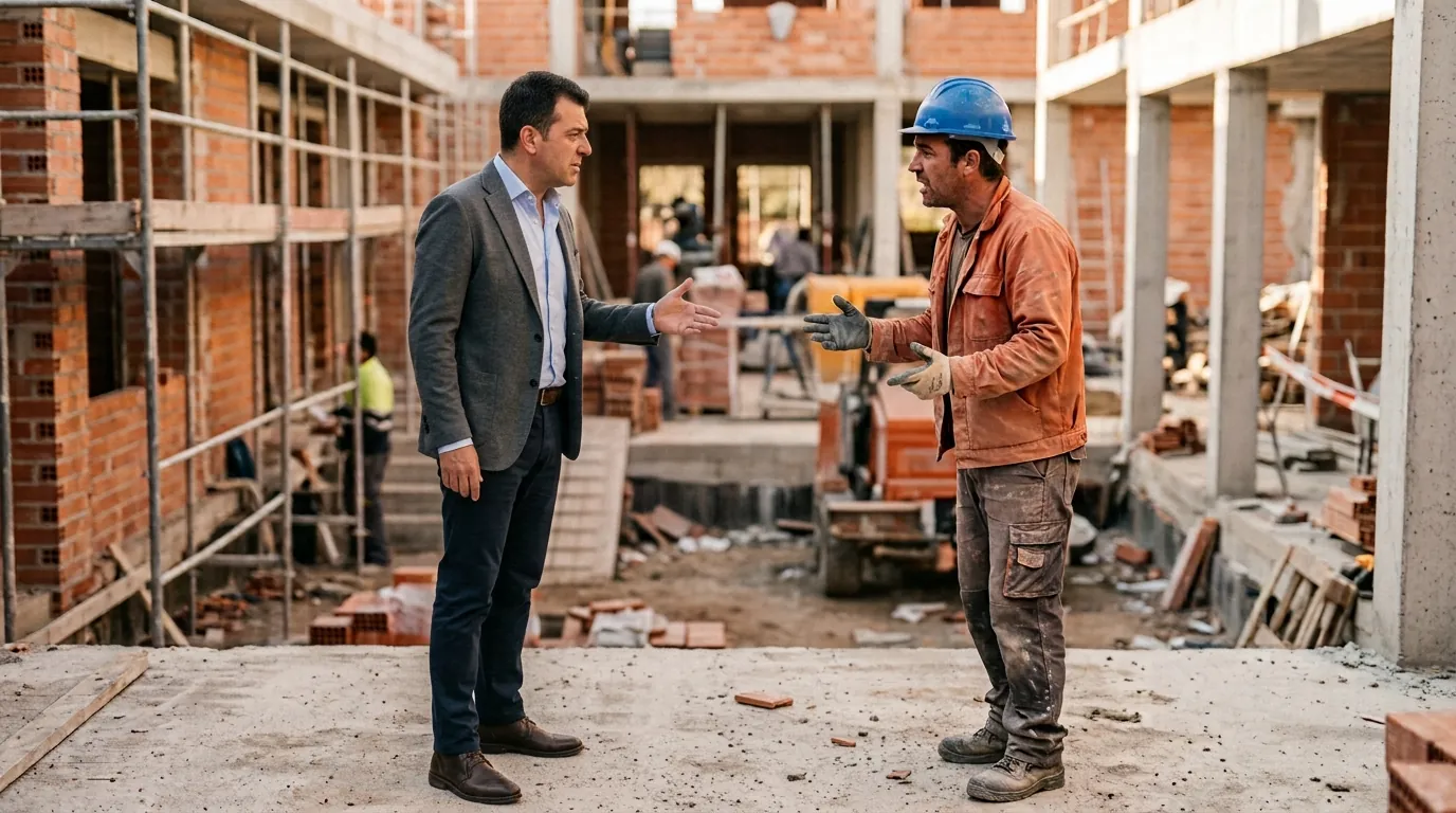 Jefe de empresa y albañil discutiendo en una obra sobre el finiquito
