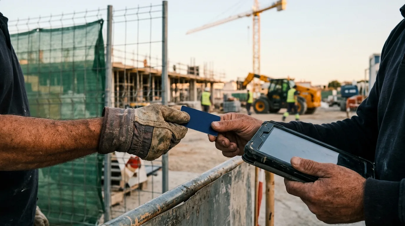 Dos manos en el acceso de una obra: un trabajador entrega su tarjeta profesional de la construcción para entrar