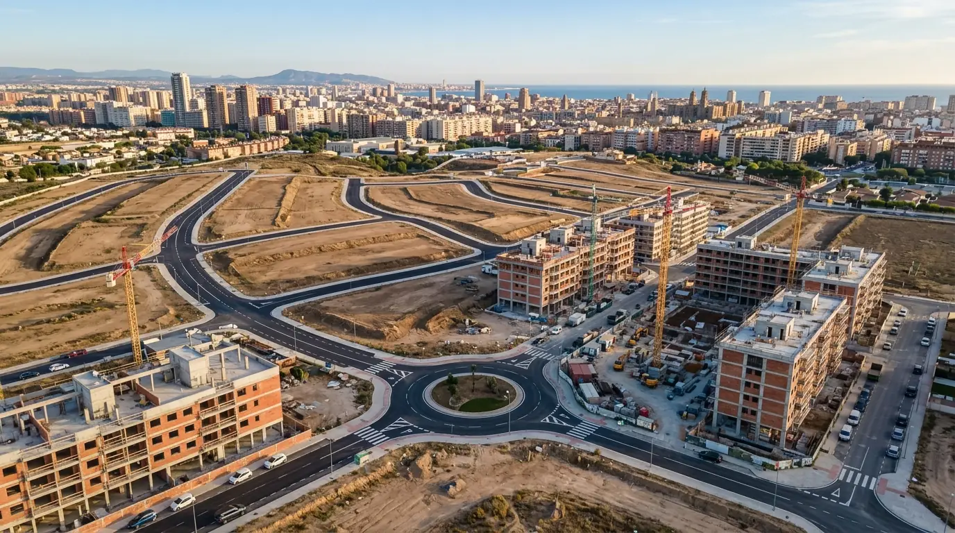 Fotografía aérea realista de un nuevo barrio residencial en las afueras de una ciudad española, en fase de urbanización. Calles y rotondas ya asfaltadas, parcelas vacías de tierra, y solo unos pocos bloques de viviendas de ladrillo y hormigón a medio construir con grúas torre. Al fondo, la ciudad y un cielo despejado. Luz natural de media tarde, tonos cálidos. Sin texto, sin carteles y sin logotipos. Formato horizontal 16:9.